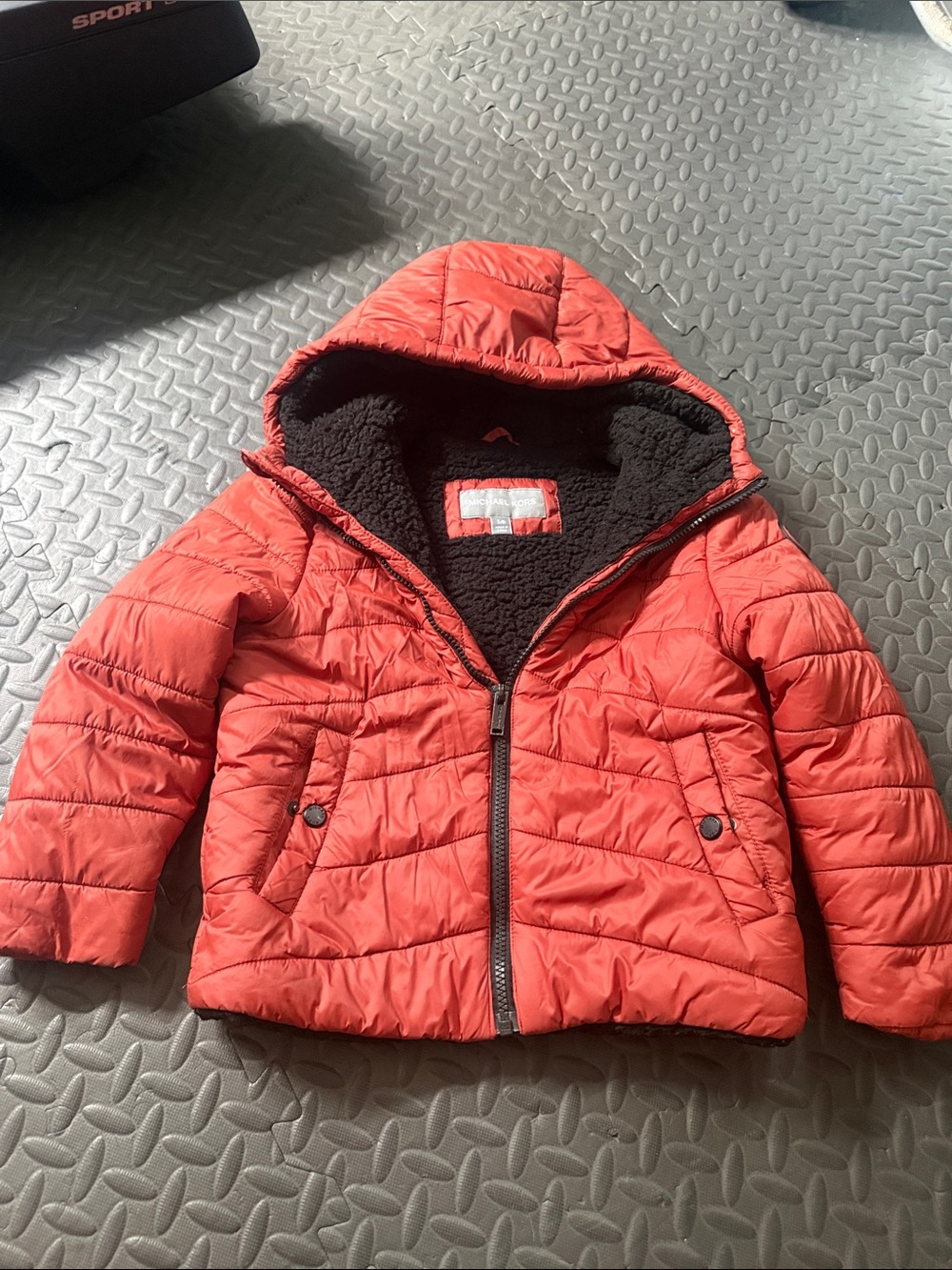 Michael Kors Kids Red Hooded Puffer Jacket with Black Sherpa Lining